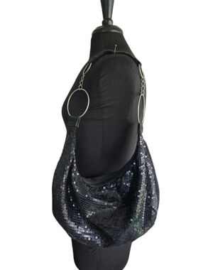 Vintage Y2K Black Sequin Hobo Bag with Ring Chain Strap Retro Boho Girlie Pop
